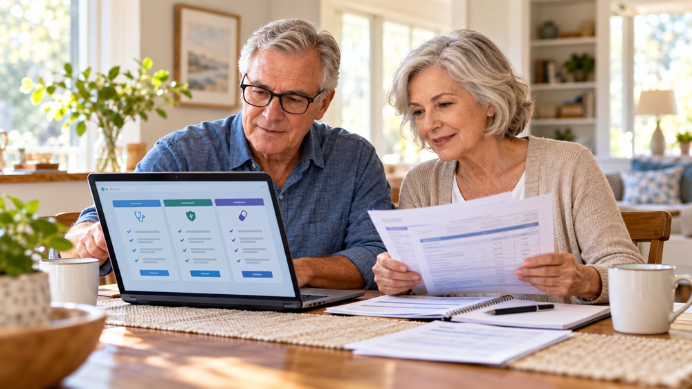 Medicare Open Enrollment 기간에 2027년 Medicare 플랜을 비교하는 미국 은퇴 부부