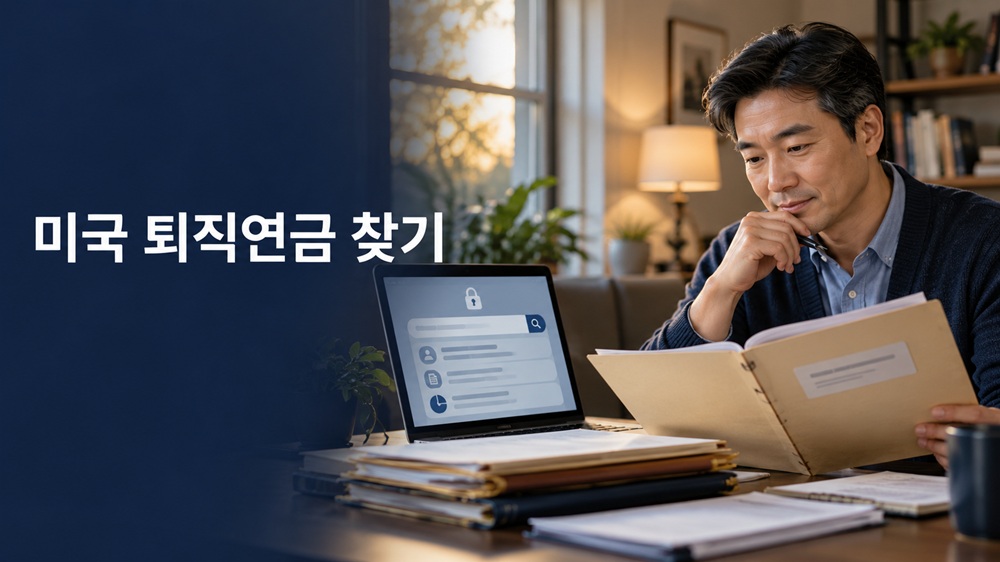미국 퇴직연금 찾기 문구와 함께 직장인이 노트북에서 과거 401(k) 자료와 이전 회사 서류를 확인하는 장면